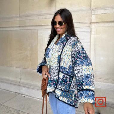 Ladies Quilted Patchwork Jacket with Contrast Piping and Patch Pockets