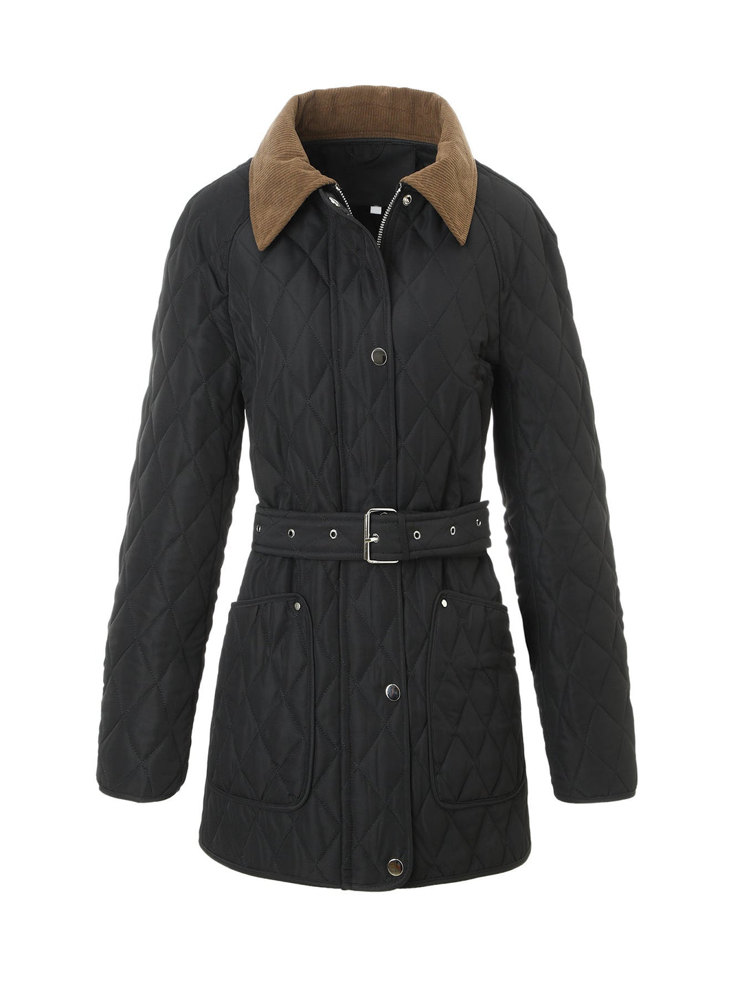 Women Long Padded Jacket-Coat with Tailored Belt and Contrast Cord Collar