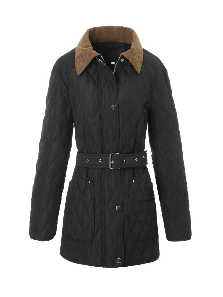 Women Long Padded Jacket-Coat with Tailored Belt and Contrast Cord Collar