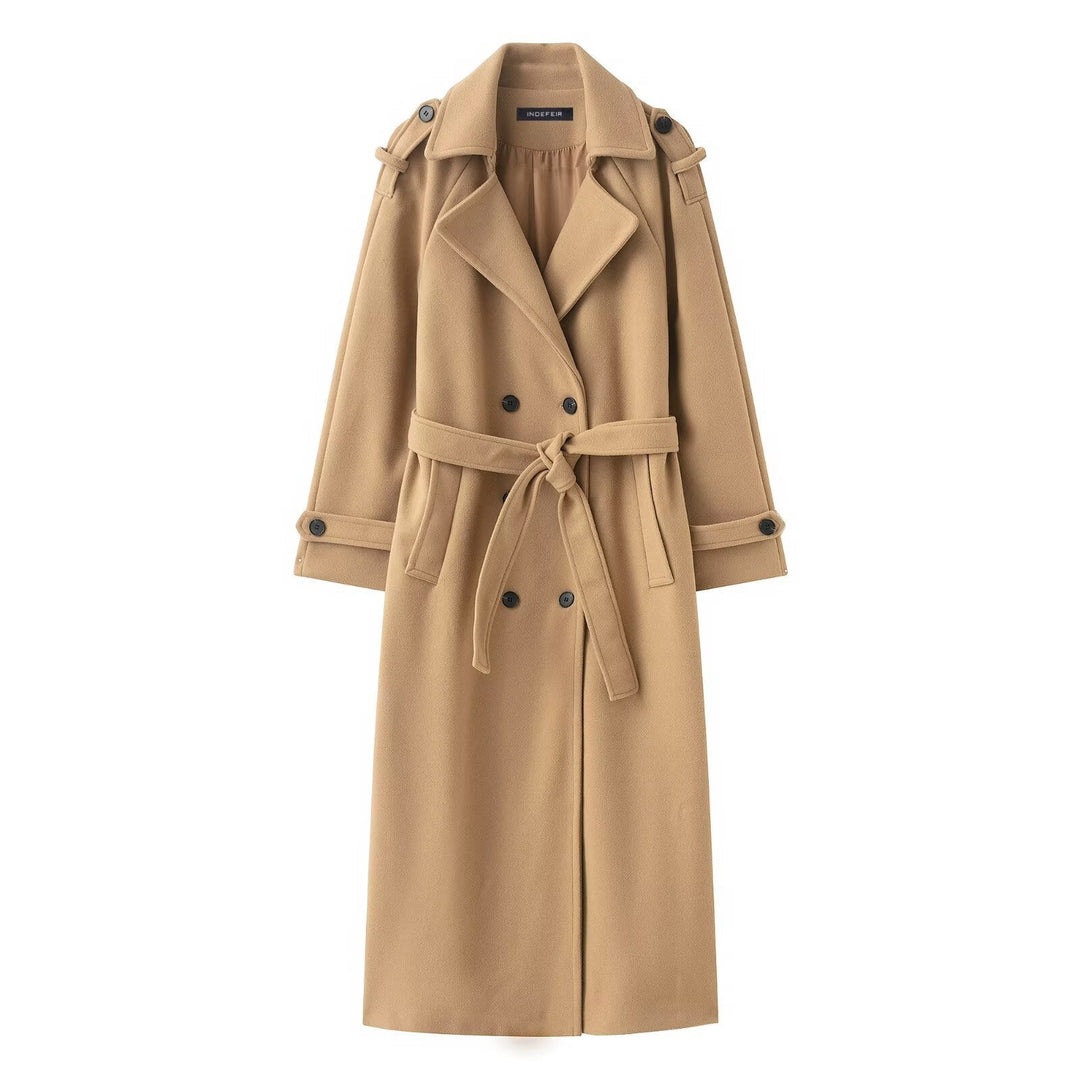 Women Long Double-breasted Trench Coat with Belt and Shoulder Straps