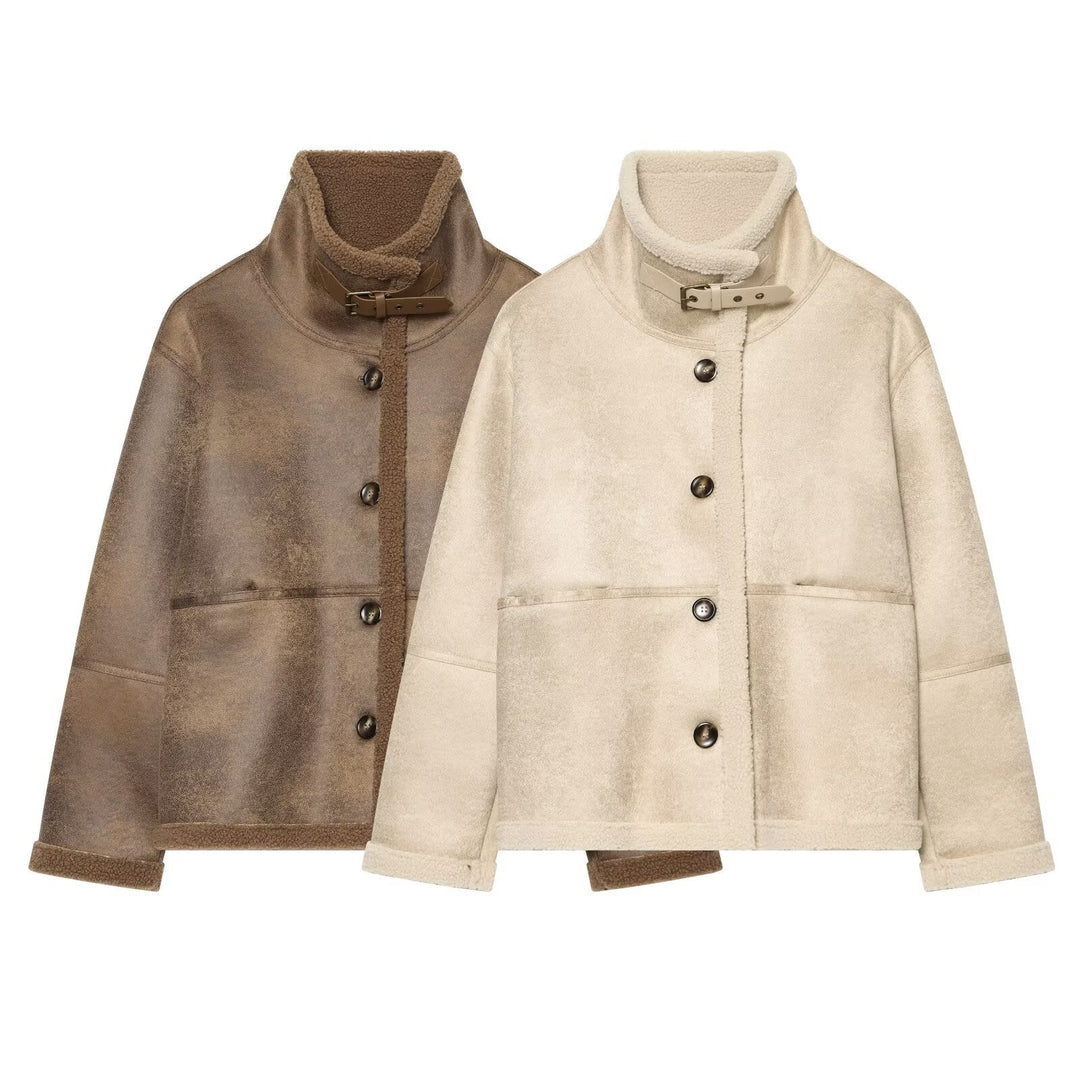Ladies short jacket in lambskin look with stand-up collar, button and buckle closure
