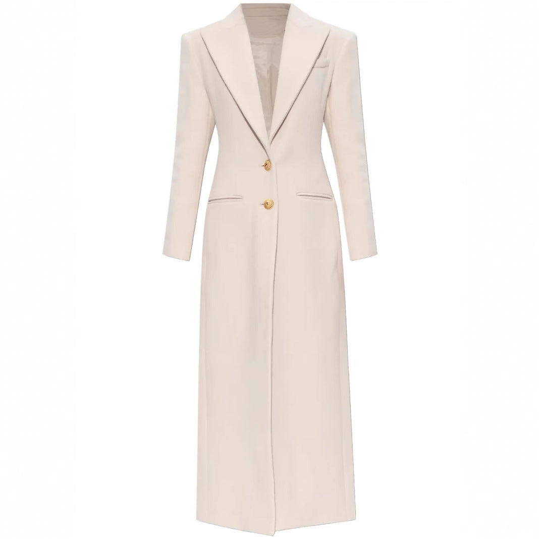 Women’s long-cut wool coat with tailored fit and golden buttons