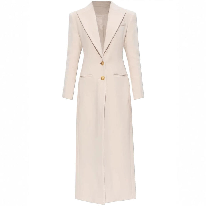 Women’s long-cut wool coat with tailored fit and golden buttons