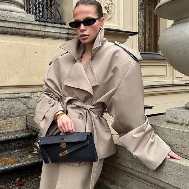 Ladies Short Trench Coat with Ties and Cape Sleeves