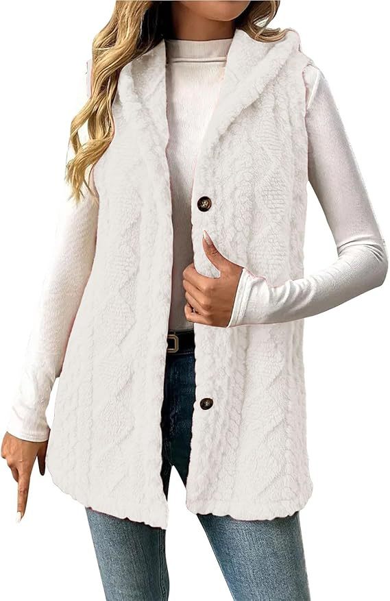 Women Fleece Lined Teddy Vest with Hood and Button Closure