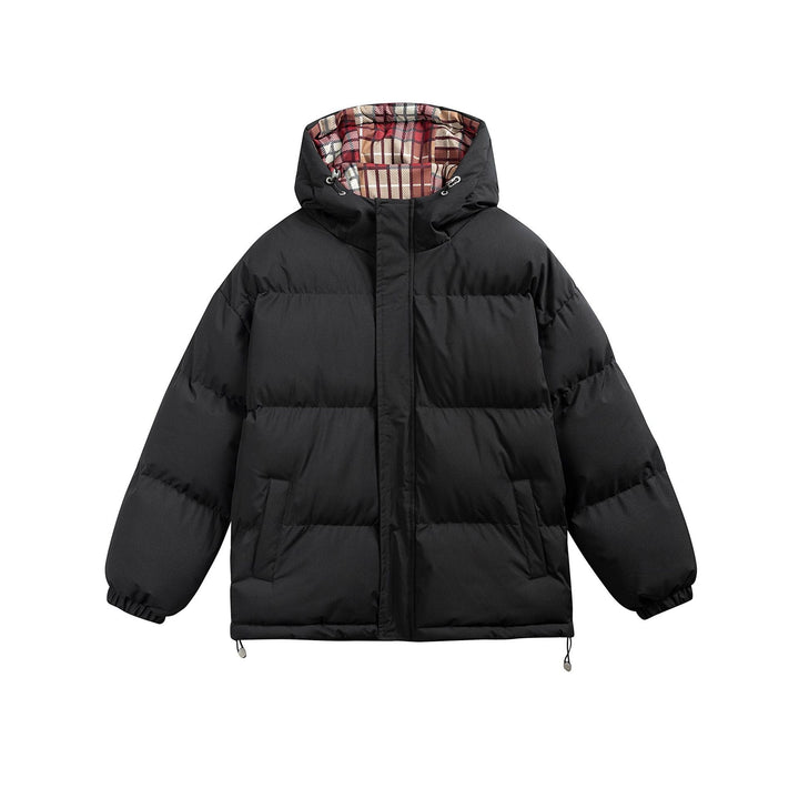 Women Padded Oversize Quilted Jacket with Hood, High Collar and Checked Lining
