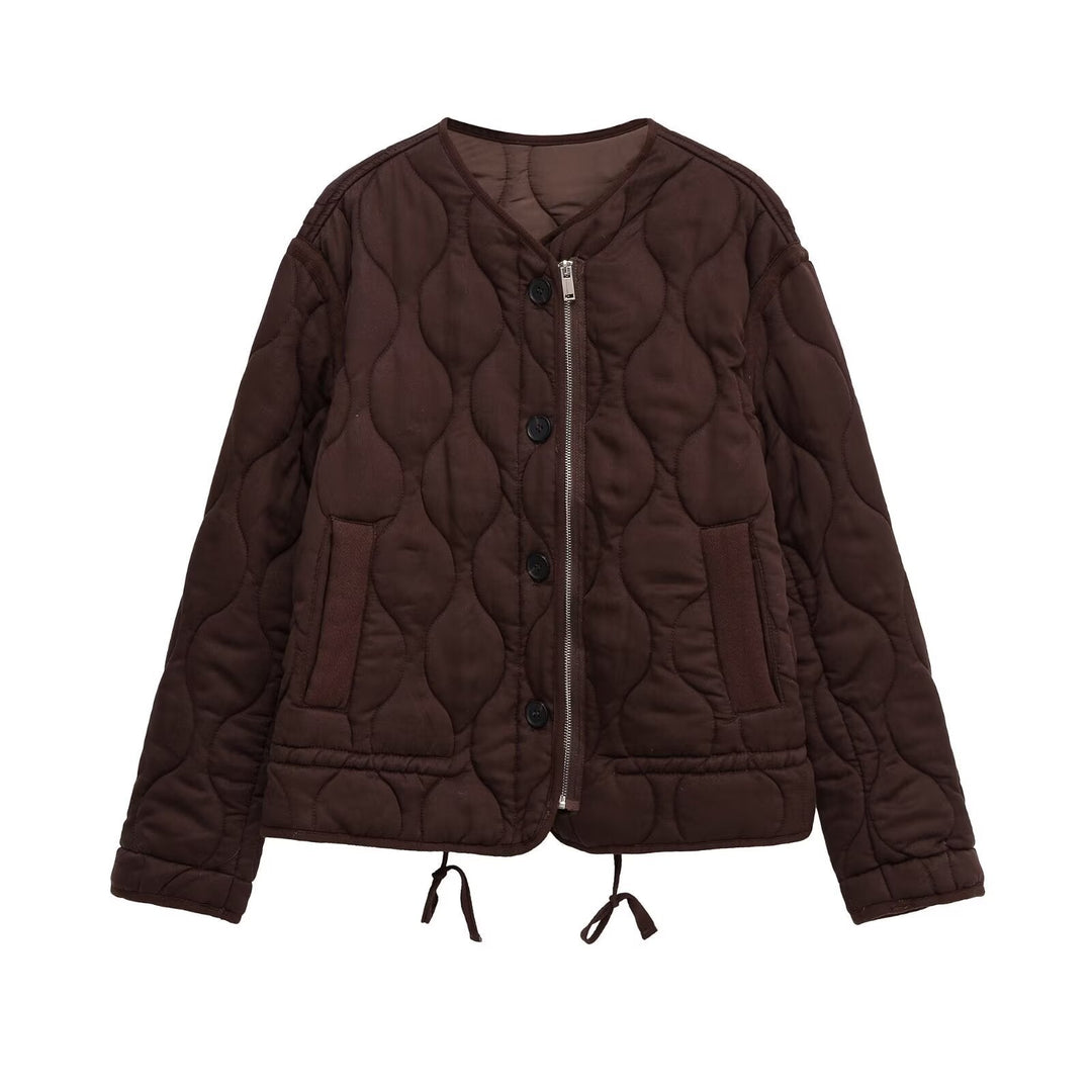Women quilted transition jacket with zip and button placket, round neck and drawstring