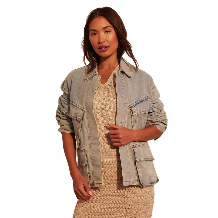 Women Oversize Utility Denim Jacket with Large Flap Pockets and Button-Down Front