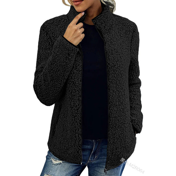 Women cosy teddy fleece jacket with stand-up collar and zip