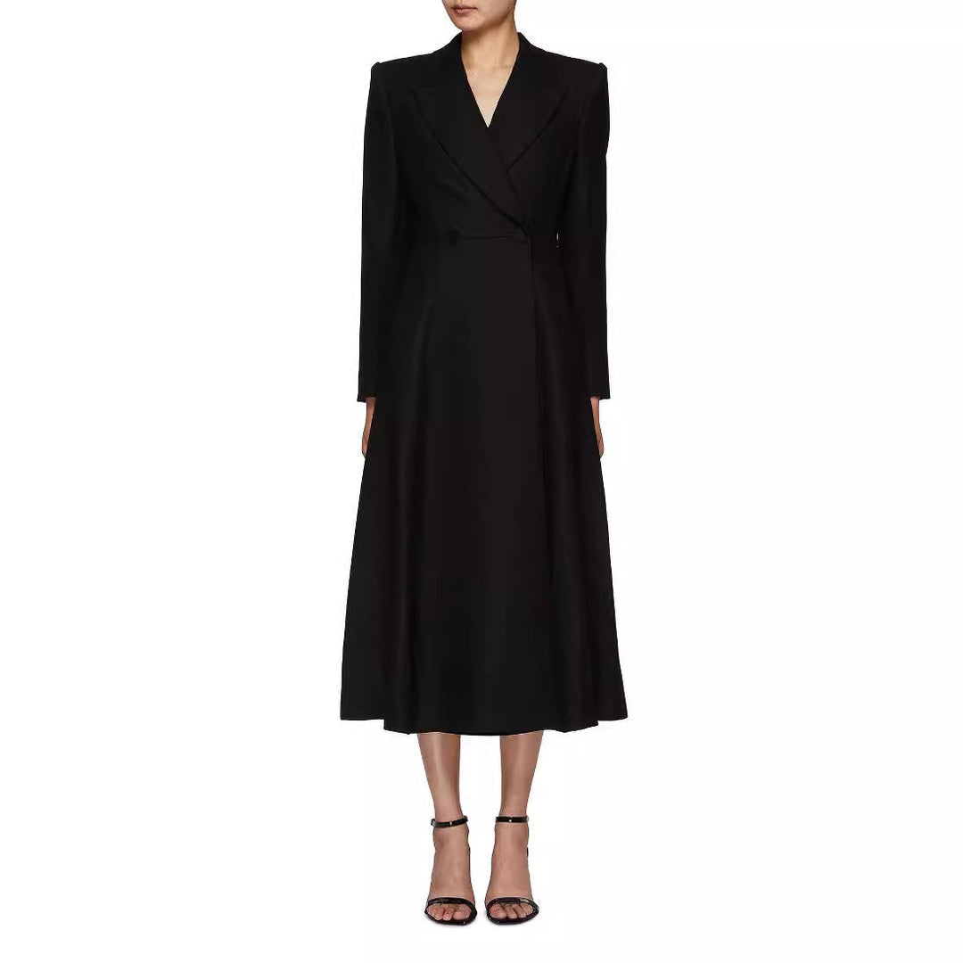 Ladies longer tailored blazer coat with maxi length and structured shoulders