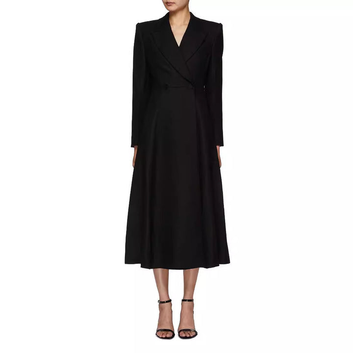 Ladies longer tailored blazer coat with maxi length and structured shoulders