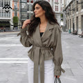 Women Lightweight Short Trench Coat with Wide Lapels, Long Ties and Adjustable Cuffs