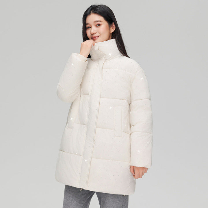 Women’s mid-length quilted short coat with high stand-up collar, subtle glitter quilting, and light thermal insulation