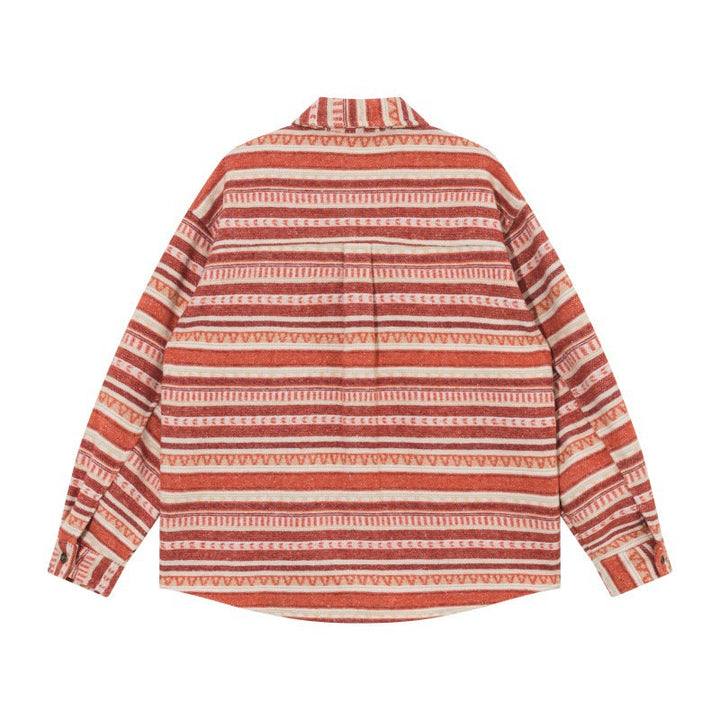 Unisex Oversize Knit Shirt Jacket in Ethnic Stripe Pattern with Flap Pockets