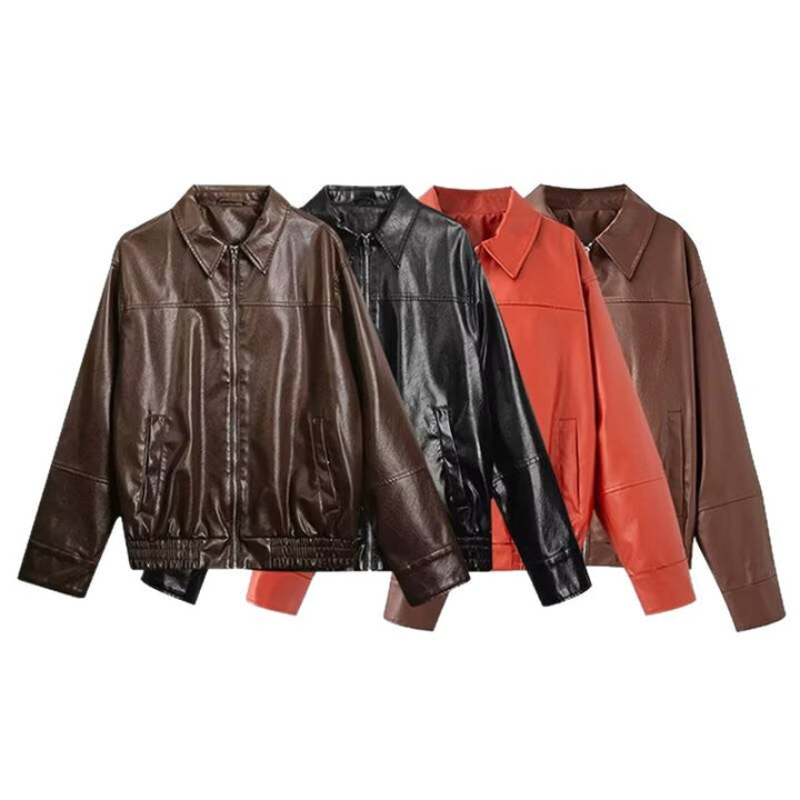 Women Boxy Faux Leather Blouson Jacket with Shirt Collar, Zip and Elastic Hem