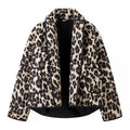 Women's Padded Short Jacket in Leopard Print with Shawl Collar and Patch Pockets