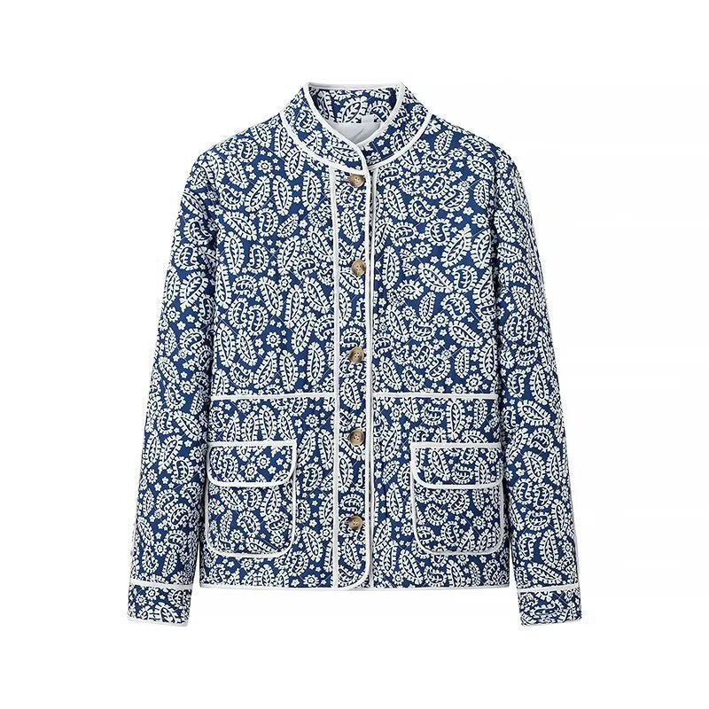 Women quilted transitional jacket withStand-up collar, paisley print and contrasting piping