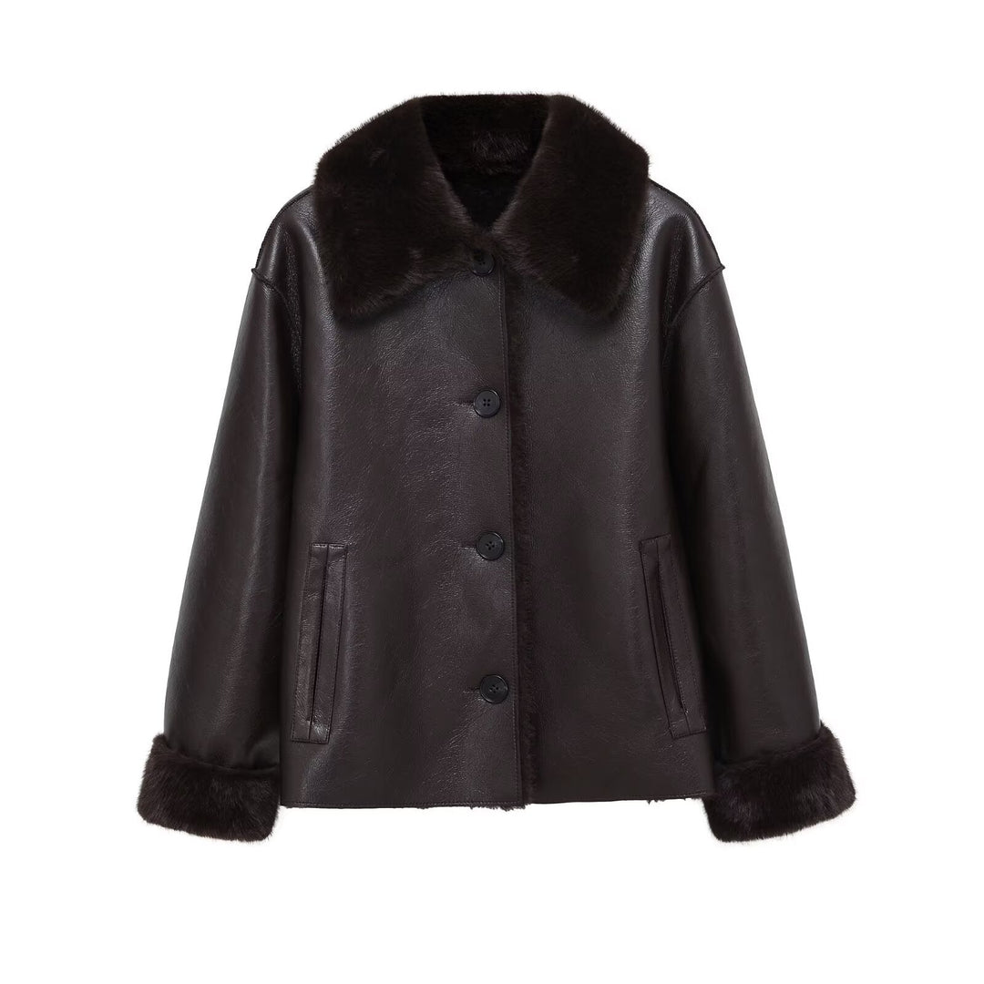 Women Boxy Faux Leather Jacket with Faux Fur Collar, Lambswool Imitation Lining and Button Closure