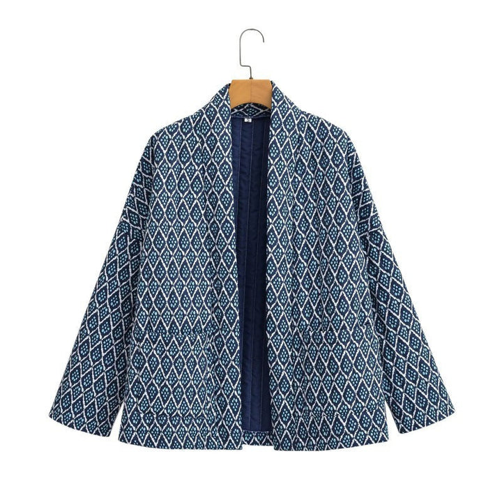 Women Patterned Quilted Kimono Jacket with Patch Pockets