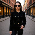 Women Short Boucle Blazer Jacket with Round Neck, Decorative Pocket Flaps, and Gold-colored Buttons
