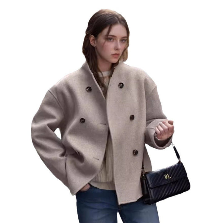 Women Cropped Boucle Boxy Jacket in Double-Breasted with Drop Shoulder