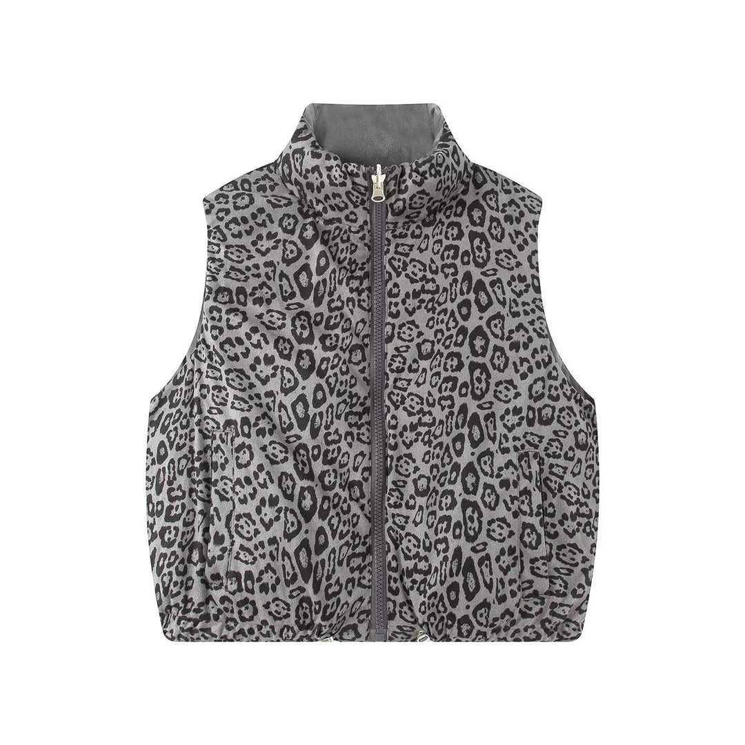 Women Padded Quilted Vest with High Stand-Up Collar and Leopard Print Lining