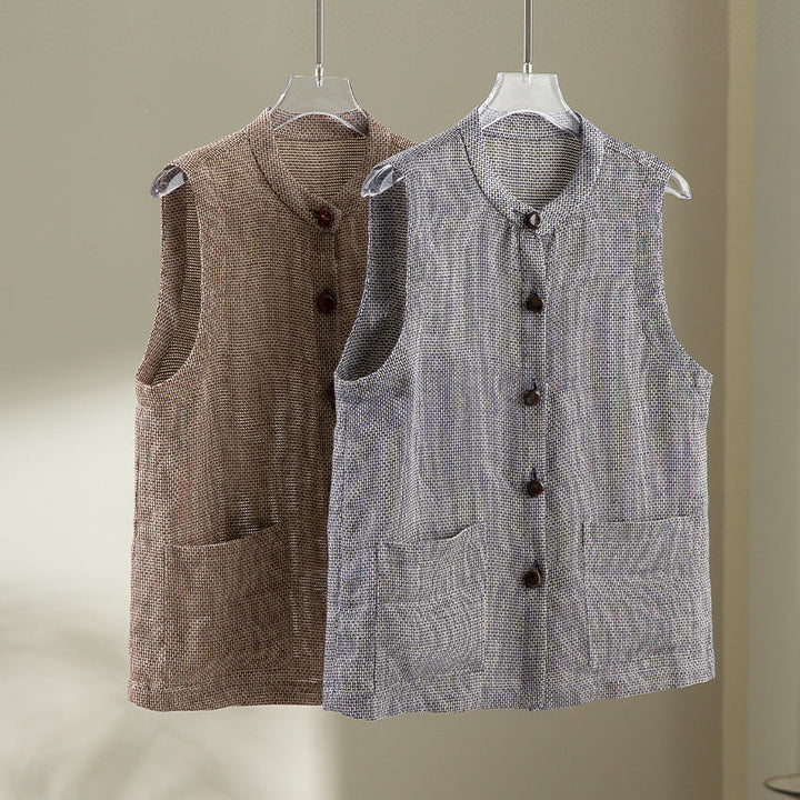Women Sleeveless Textured Knit Vest with Round Neckline, Button Placket and Patch Pockets