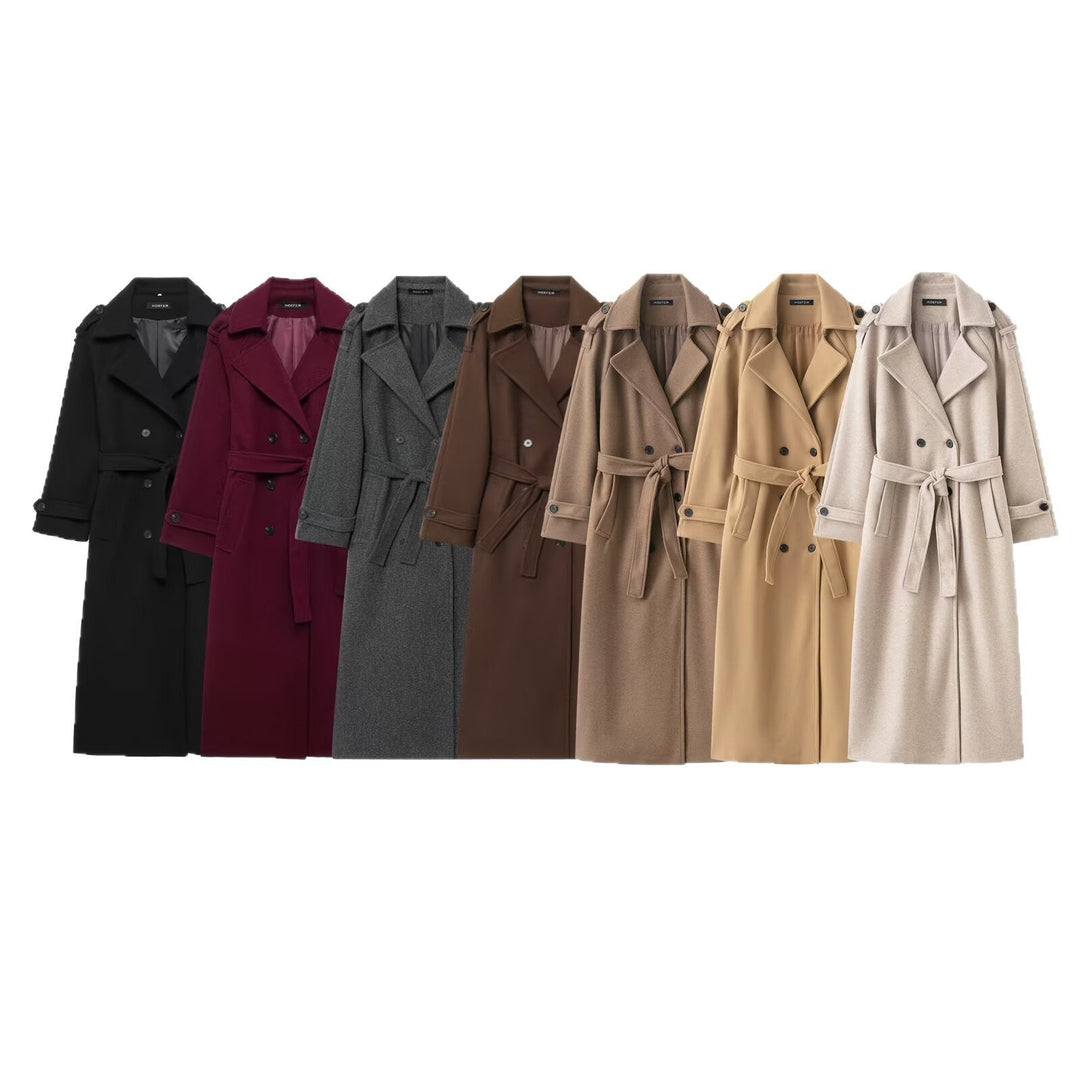 Women Long Double-breasted Trench Coat with Belt and Shoulder Straps