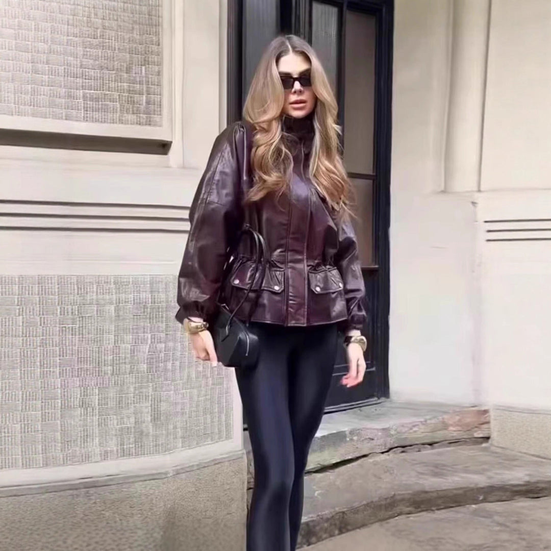 Women Faux Leather Parka with Stand Collar, Waist Drawstring, and Placket Pockets