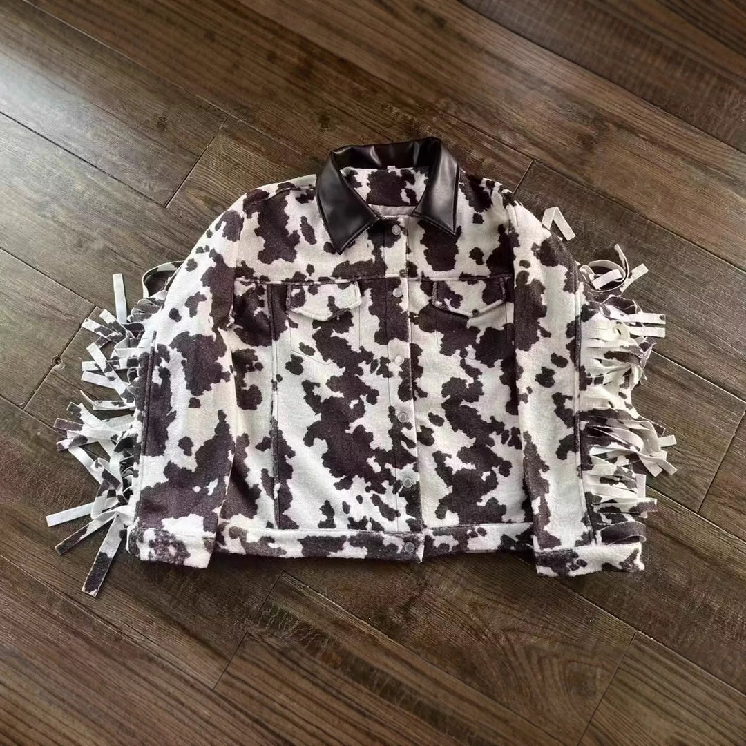Women’s teddy trucker jacket with cow spot pattern and faux leather collar