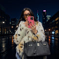 Women's Short Quilted Faux Fur Jacket with Leopard Spot Pattern and Stand-Up Collar