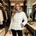 Women's short tailored winter quilted jacket with removable faux fur collar, tonal waist straps and concealed two-way zip