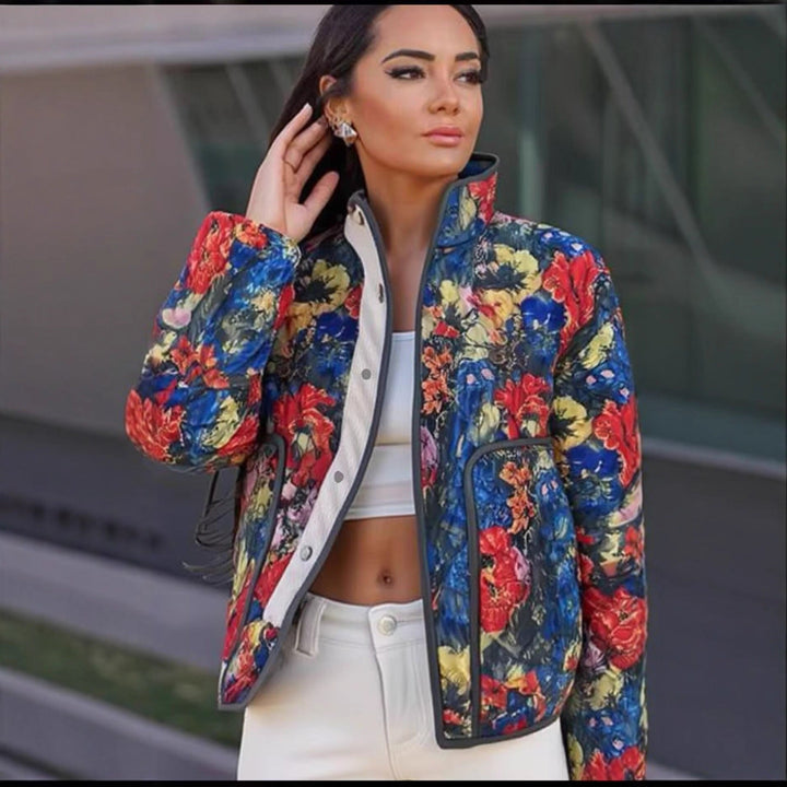 Women Quilted Transitional Jacket with Floral Allover Pattern and Stand Collar