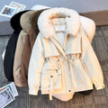 Women's short padded parka with faux fur collar, teddy lining, drawstring waist, and multifunctional pockets