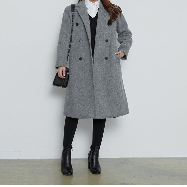 Women Long Cut Wool Blend Coat in Minimalist Double-Breasted with Deep Lapel