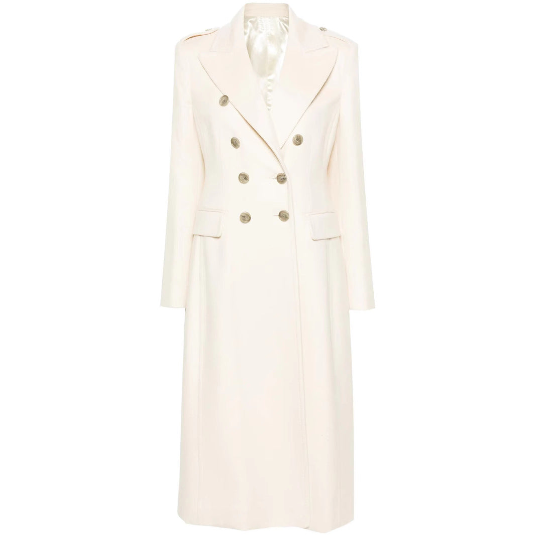 Women Long Double-Breasted Coat made of Wool Blend with High Stand-up Collar and Flap Pockets