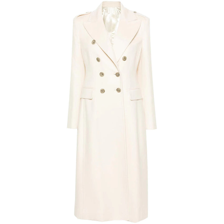 Women Long Double-Breasted Coat made of Wool Blend with High Stand-up Collar and Flap Pockets