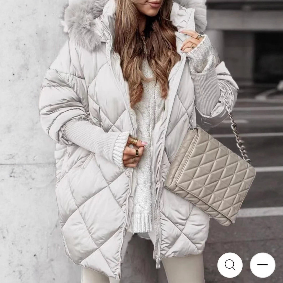 Women longer quilted winter parka with large hood and faux fur trim