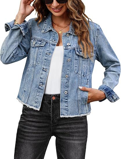 Women Short Cut Denim Jacket with Frayed Hem and Chest Pockets