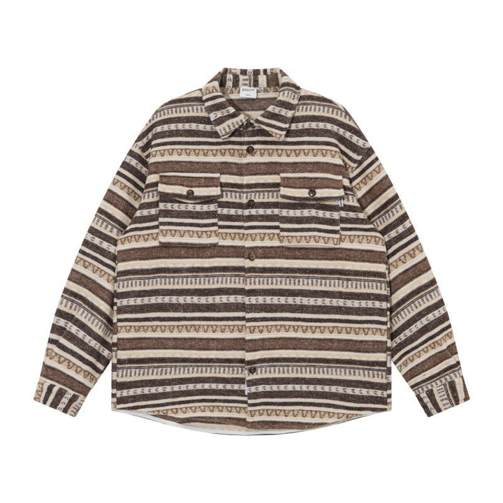 Unisex Oversize Knit Shirt Jacket in Ethnic Stripe Pattern with Flap Pockets