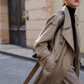 Women's Long Oversized Trench Coat in Vegan Leather Look with Ties Belt and Wide Lapel