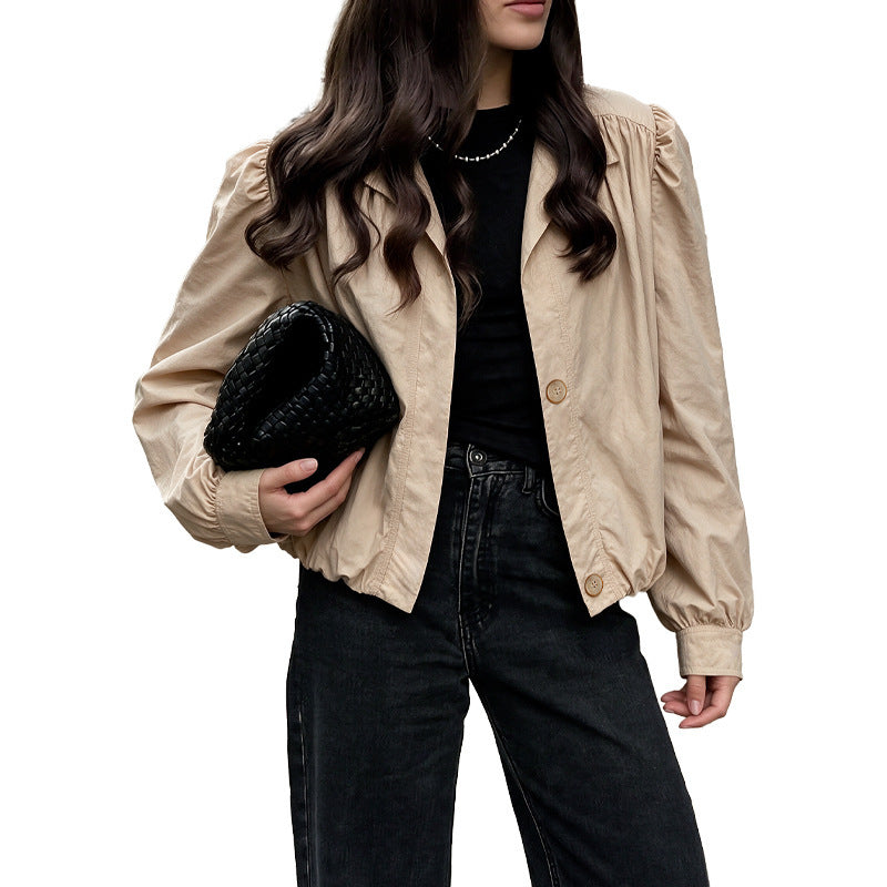 Women Light Short Jacket with Balloon Sleeves, Puff Shoulders &amp; Elastic Hem