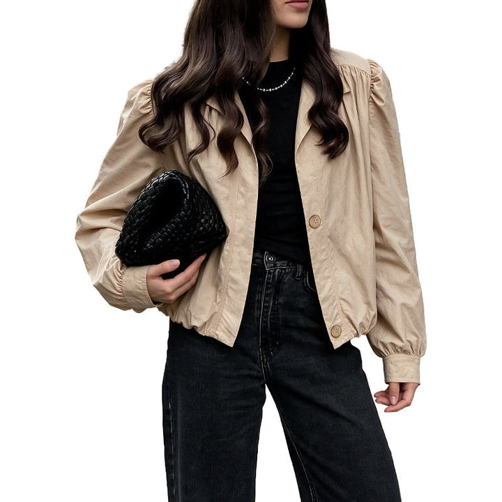 Women Light Short Jacket with Balloon Sleeves, Puff Shoulders &amp; Elastic Hem