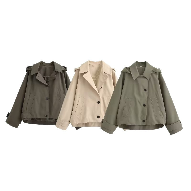 Ladies short trench coat in boxy cut with notch collar and piped patch pockets