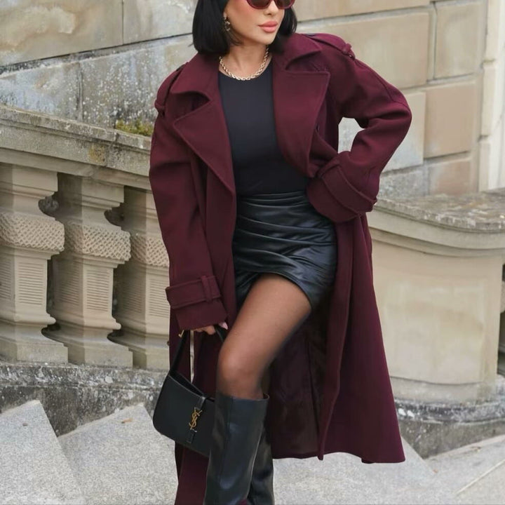 Women Maxilength Wool Blend Trench Coat with Shoulder Yoke, Tie Belt and Roll-Up Sleeves