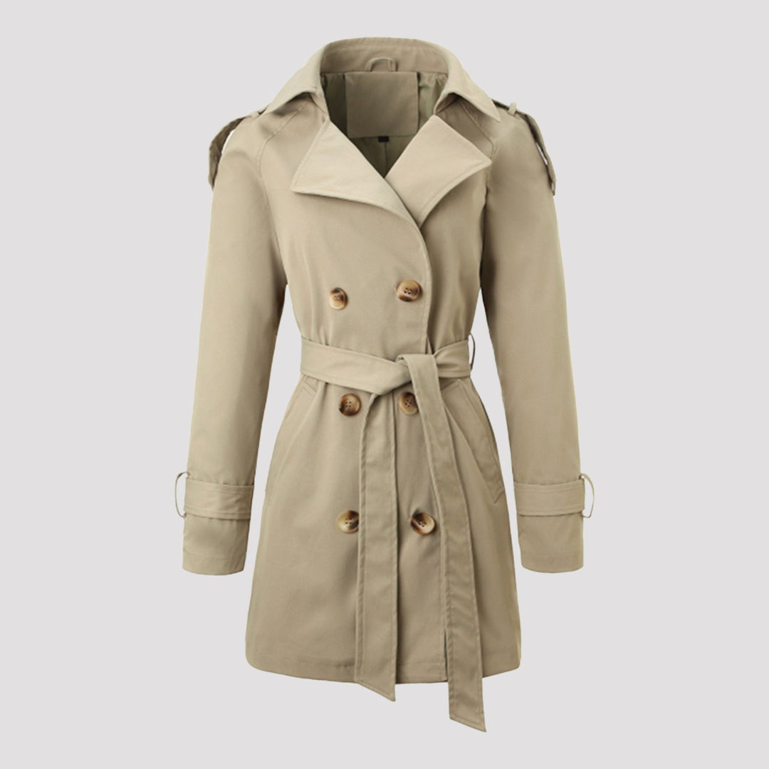Women Tailored Trench Coat with Tied Belt, Shoulder Tabs and Metal Ring Details