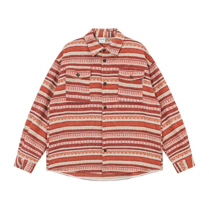 Unisex Oversize Knit Shirt Jacket in Ethnic Stripe Pattern with Flap Pockets