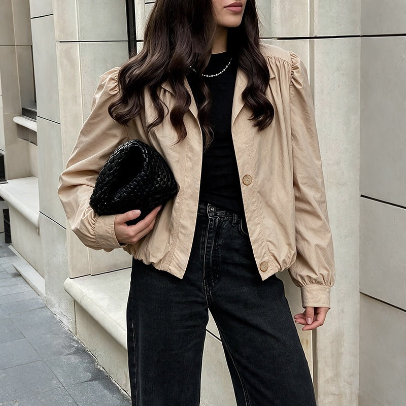 Women Light Short Jacket with Balloon Sleeves, Puff Shoulders &amp; Elastic Hem