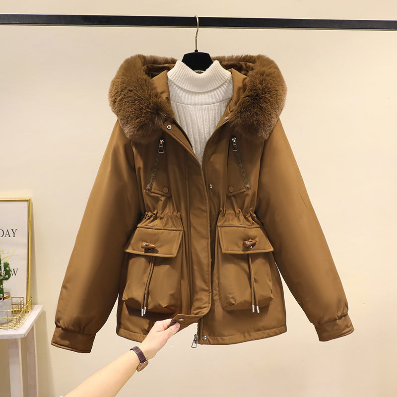 Ladies nano thermo parka with hood, voluminous faux fur collar, drawstring waist and multifunctional pockets