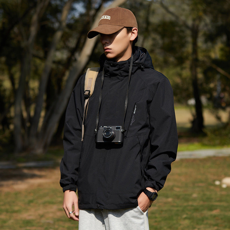 Women two-layer water-repellent outdoor jacket with hood, waist adjustment and contrast piping